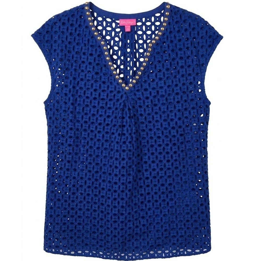 Lilly Pulitzer x Target Blue Eyelet Lace Studded V-Neck Tunic Top XXL 2XL - CJ